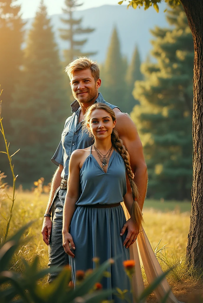 Young tall muscular man short curly dark auburn hair, light beard necklace and blue green eyes with girl her age tall long wavy platinum blonde hair blue eyes and dimple 