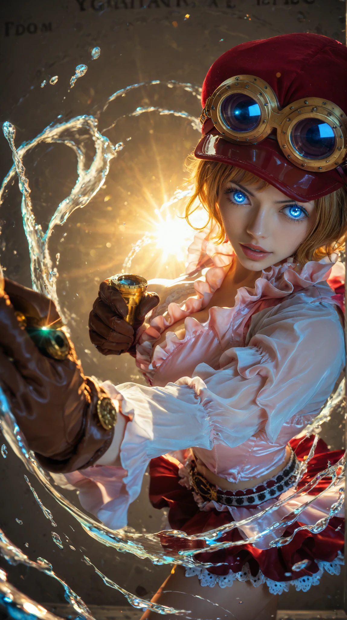 Koala from One Piece, 1girl, solo, orange short hair with swept bangs, blue expressive eyes, red steampunk cap with gold goggles, frilled pink blouse, brown leather gloves, red mini skirt with decorative trim, black belt with gold buckle, medium shot, dramatic combat pose with open palm forward, intense and focused facial expression, parted lips, dynamic swirling water effects surrounding her, anime action scene, detailed splashes, cinematic lighting, high gloss reflections, vibrant colors, ultra-detailed, masterpiece, anime illustration, sharp linework, beautiful glowing eyes, smooth skin, clean background, highres, colorful, best quality, 4k, stunning rendering, asian, cute, beautiful, (23 years old)