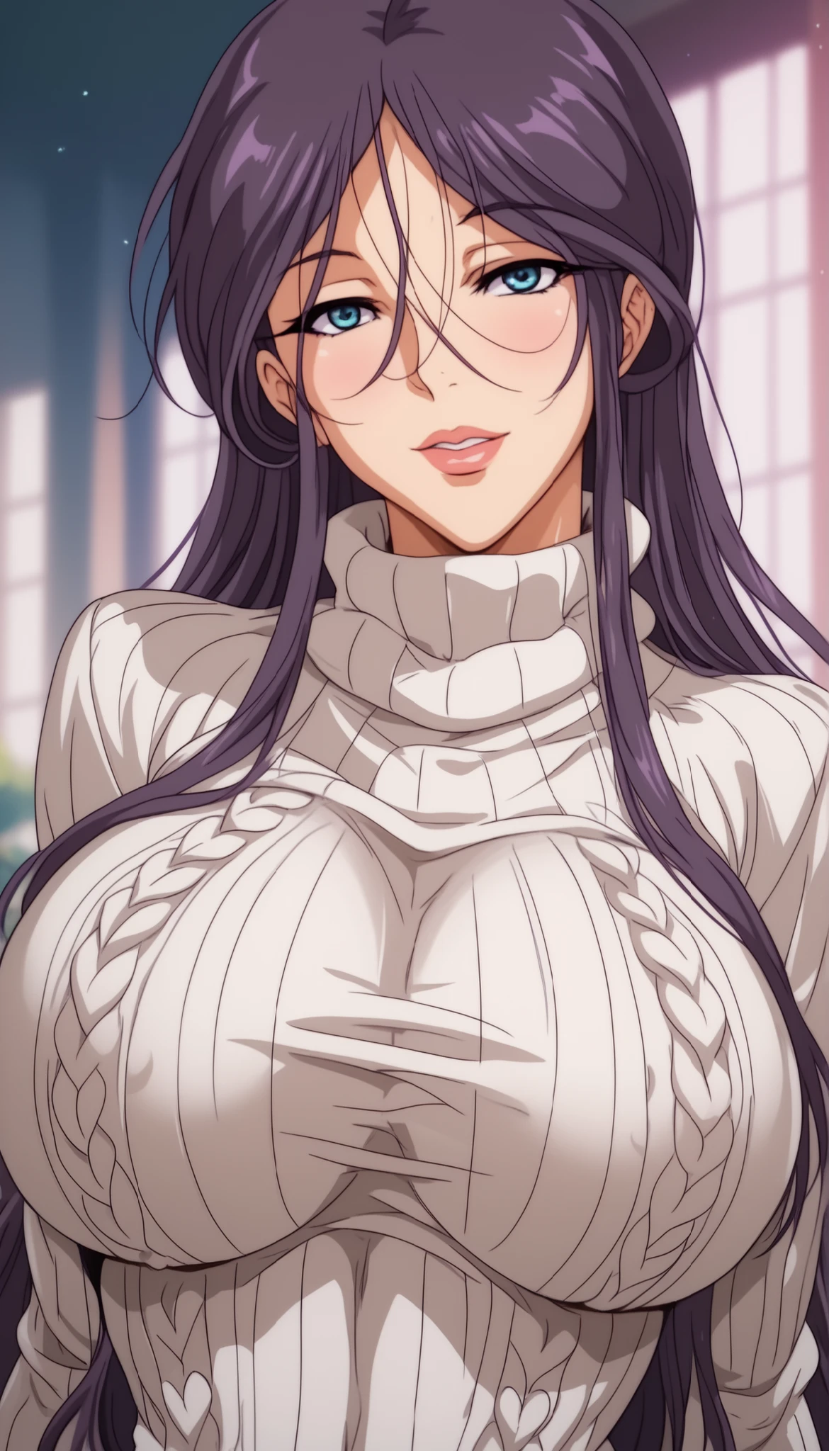 Mature Woman、reika shichijou, long hair, blue eyes, large breasts, purple hair, Tight waist、Small waist、 Glowing Skin、virgin destroyer sweater,  Beauty, eight-headed body、