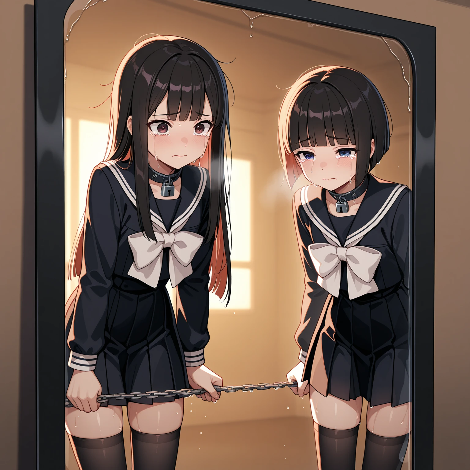 2 girls, shoved inside a locker, ((sailor uniform, short sleeve, tight clothing, miniskirt)), (closed door), (shibari:1.5), (blushing:1.5), (blushing, worried, teary eyes), perfect body, perfect face, perfecte eyes, beautiful eyes, detailed eyes, image taken from inside