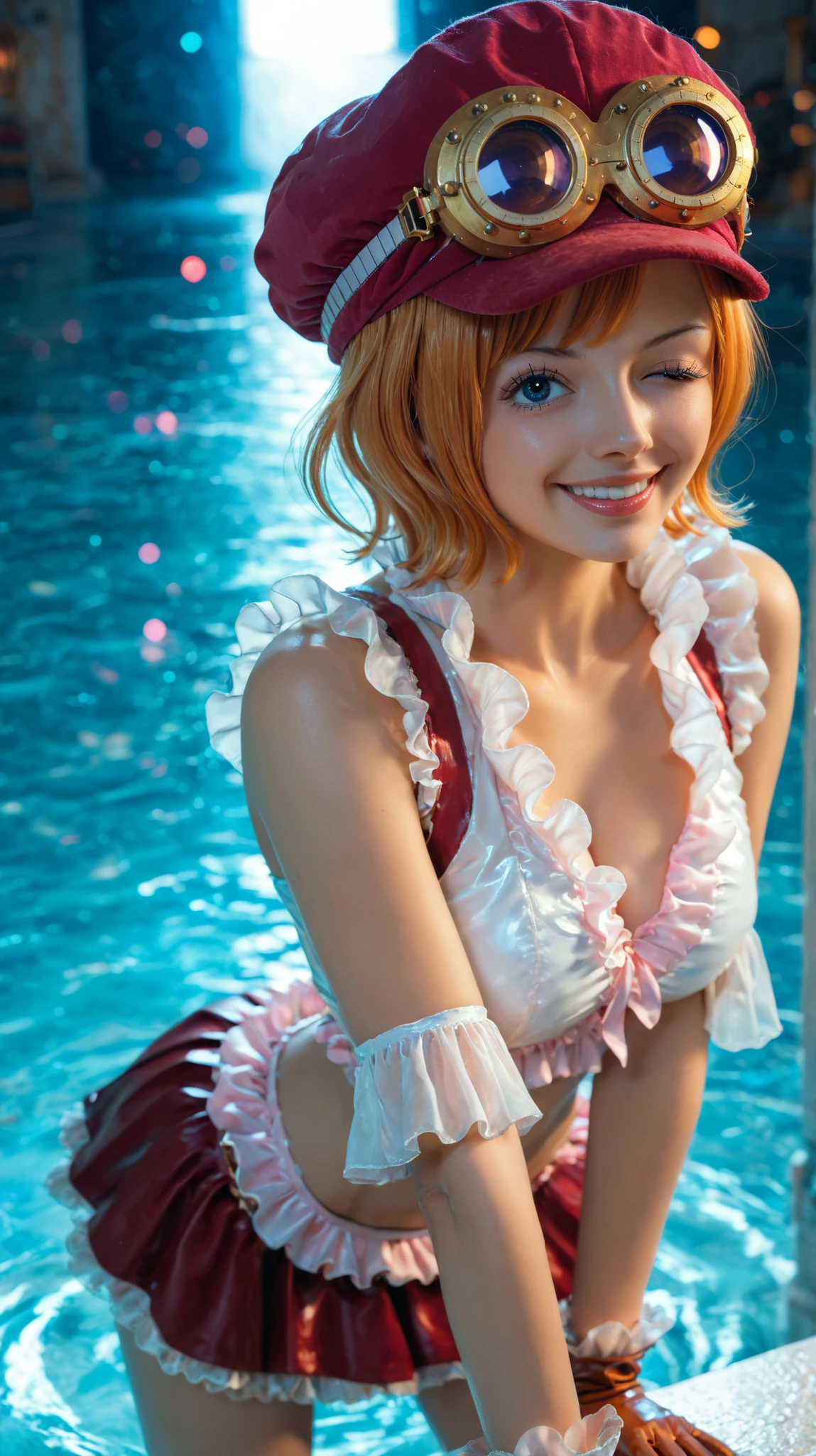 Koala from One Piece, 1girl, solo, short orange hair with swept bangs, blue eyes, red steampunk cap with gold goggles, pink frilled blouse, red mini skirt with ruffled trim, long brown leather gloves, medium shot, leaning slightly forward, forming a heart shape with her hands, playful expression with a wink and charming smile, surrounded by dynamic swirling water effects, energetic pose, anime style, glowing reflections on water, soft lighting, vibrant colors, ultra-detailed, masterpiece, highres, colorful, perfect anatomy, anime illustration, cute and flirty vibe, smooth skin, high gloss, 4k quality, asian, cute, beautiful, (23 years old)