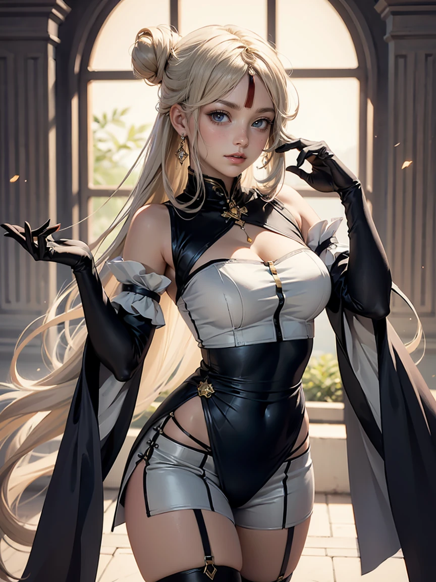 D-cups,The chest groove is clamped with a broom handle,比基尼,black over-the-knee socks,long whitr hair,Rabbit ear headdress,Chinese model,Tall,long leges