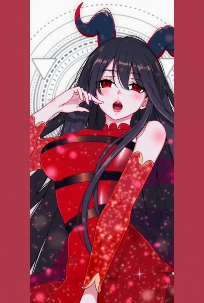 anime panel,upper body, 1girl,solo Korean, long black curly hair with red highlights, red slanted eyes, casual clothes, ear piercing, necklace, hair illuminated by party lights, party background, chic dress,