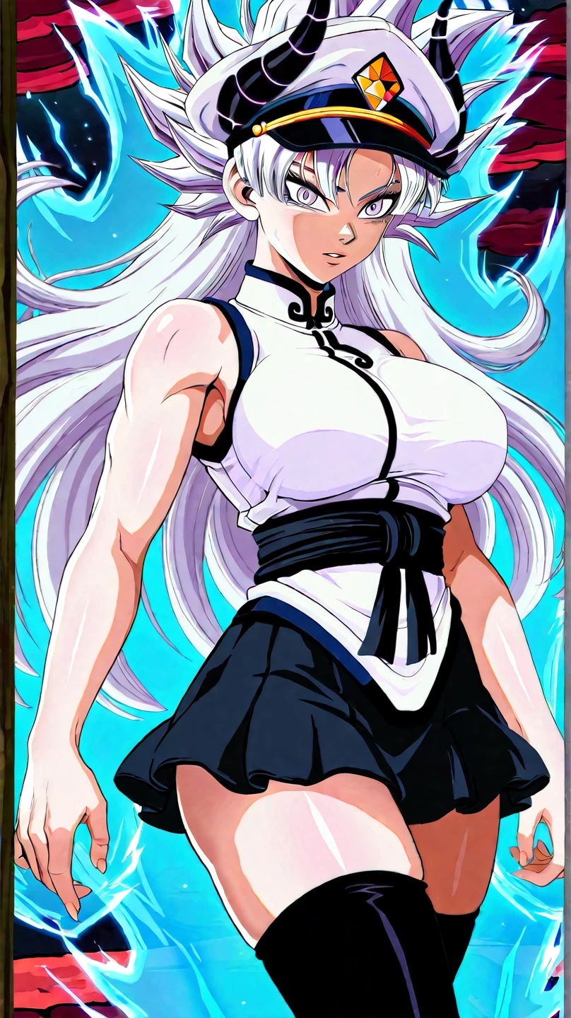 Good quality, 1woman, white skin, adventurer clothing, bandages, platinum blonde hair, long hair, pink eyes, red lips, huge boobs, big breasts, fit, sexy, saiyajin, Akira toriyama art style