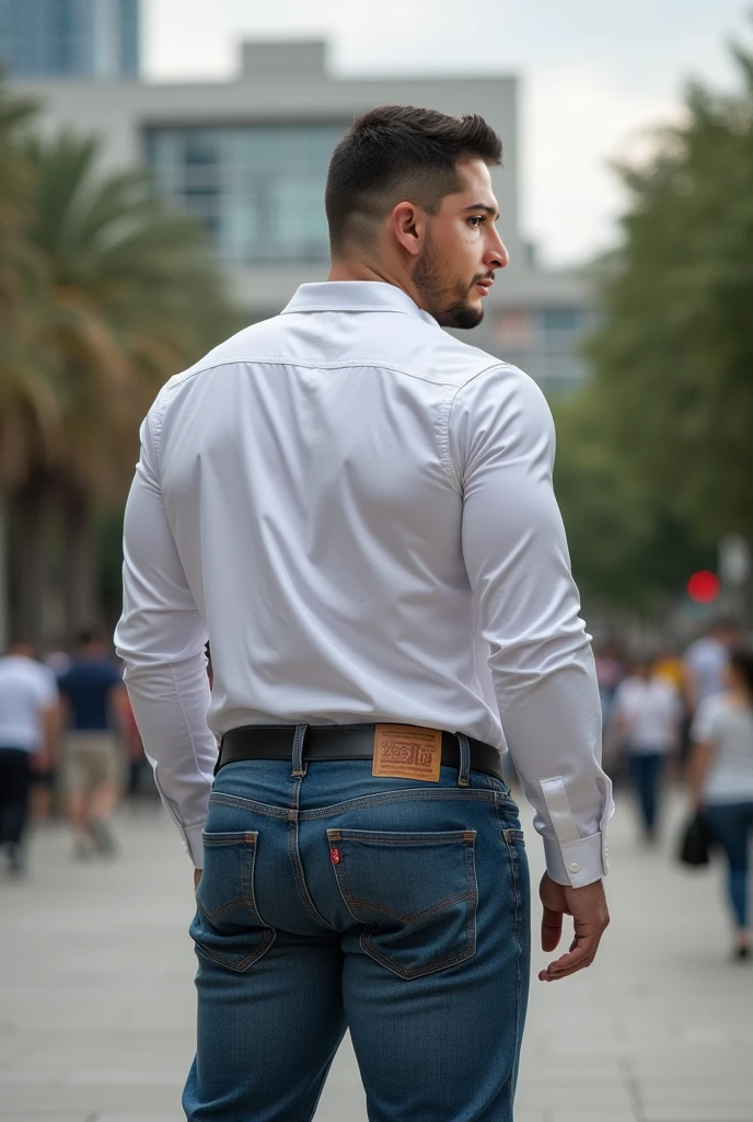 Rogelio Martínez, hombre barbudo y musculoso, muy guapo y varonil, intrincado, elegant, Sharp focus, foto de greg rutkowski, Soft lighting, Colores vibrantes, Obra maestra, ((calles)), cuerpo completo, jeans backside, same model