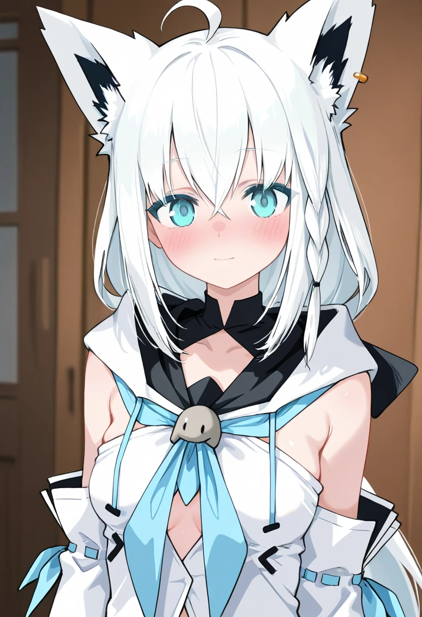 1girl, solo, white hair, single side braid, ahoge, fox tail, fubukidefault, white blouse, [midriff::0.4], detached sleeves, blue neckerchief, :D, IncrsHeadpatPOV, headpat, pov, mature female <lora:headpat:1>  <lora:shirakami_fubuki_8_outfits:1>
