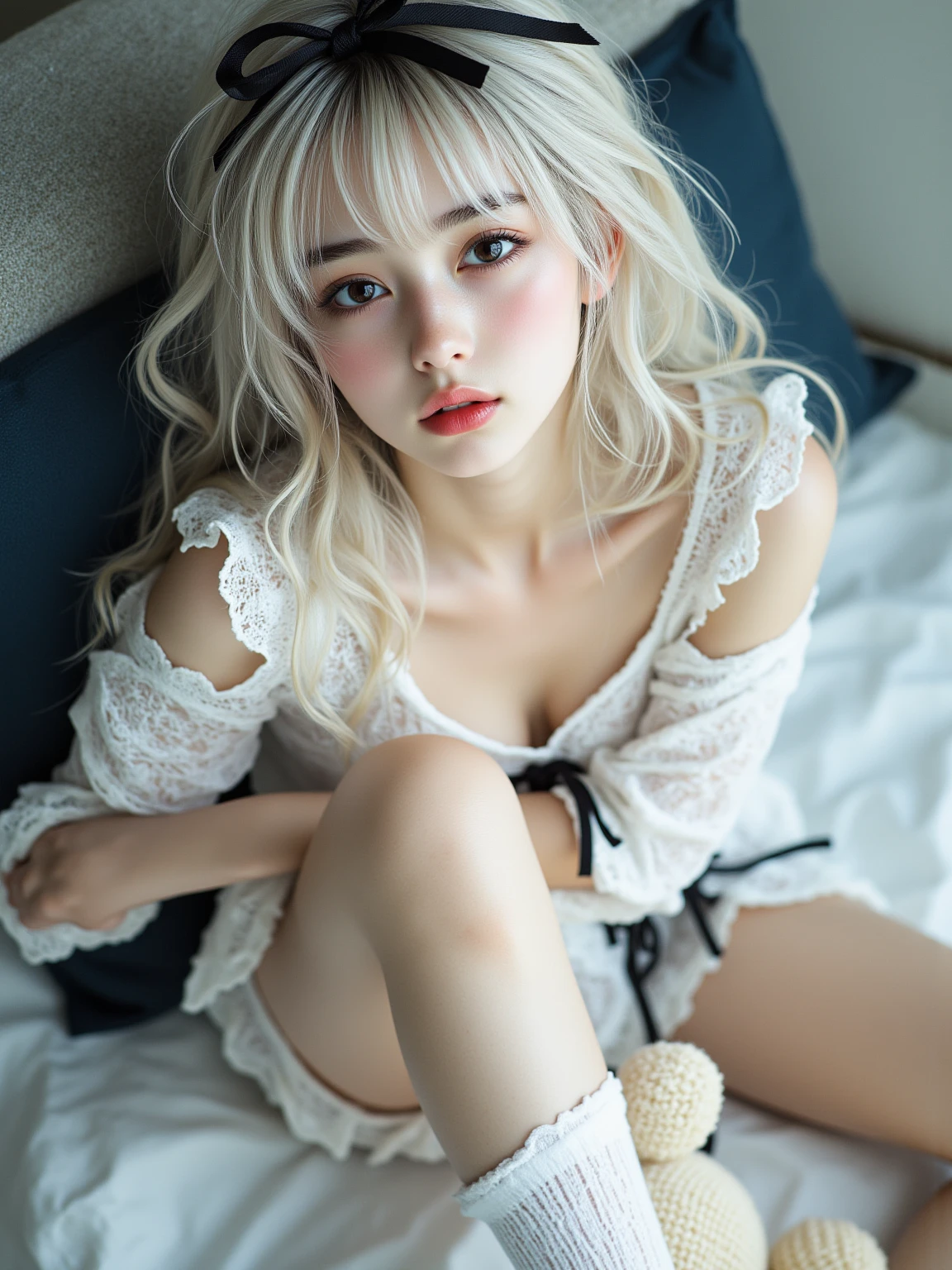 (highest quality, masterpiece:1.3), shape, ((Beautifully detailed face)), beautifully detailed skin, Intricate details, Very detailed, Best image quality in 8K, The true picture () (18 year old high school girl:lingerie,Gothic ta,baby doll) (Large Breasts:1.2), ,A Japanese girl,Baby Face,(Detailed Hair,Twin tails:1.6,Platinum Blonde Hair,Gray Hair),Detailed lips,Open your mouth,(Bedroom,Lying on the bed,Her legs are spread,Composition from above),blush,Embarrassing,A look of pleasure, Realistic Face,Realistic Skin,(sexy:2.2,Clothes are disheveled),(Vibrant Skin,Moisturized Skin:1.2),Vivid lips,Lip gloss