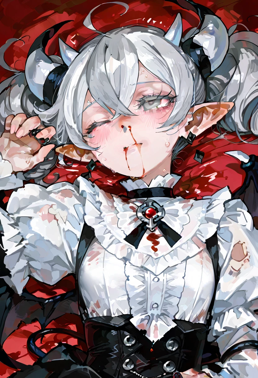 create a picture of a beautiful Spanish 18 year old girl covered with blood and holding a bloody ax