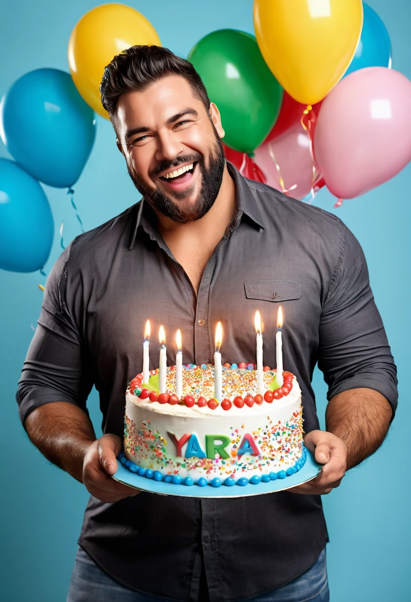 (8K, RAW photo, Highest quality) masterpiece, 1 boy, Look back at viewer, standing backward, showing his huge butt, round ass, narrow waist, ass up pose, he is holding a plate with a birthday anniversary cake. The cake is big-sized, Huge birthday cake.Handsomee, Topless, Thick body hair, wearing nothing completely naked, birthday party background, Sparkle & Sequin Backdrops , cinematic lighting, UHD