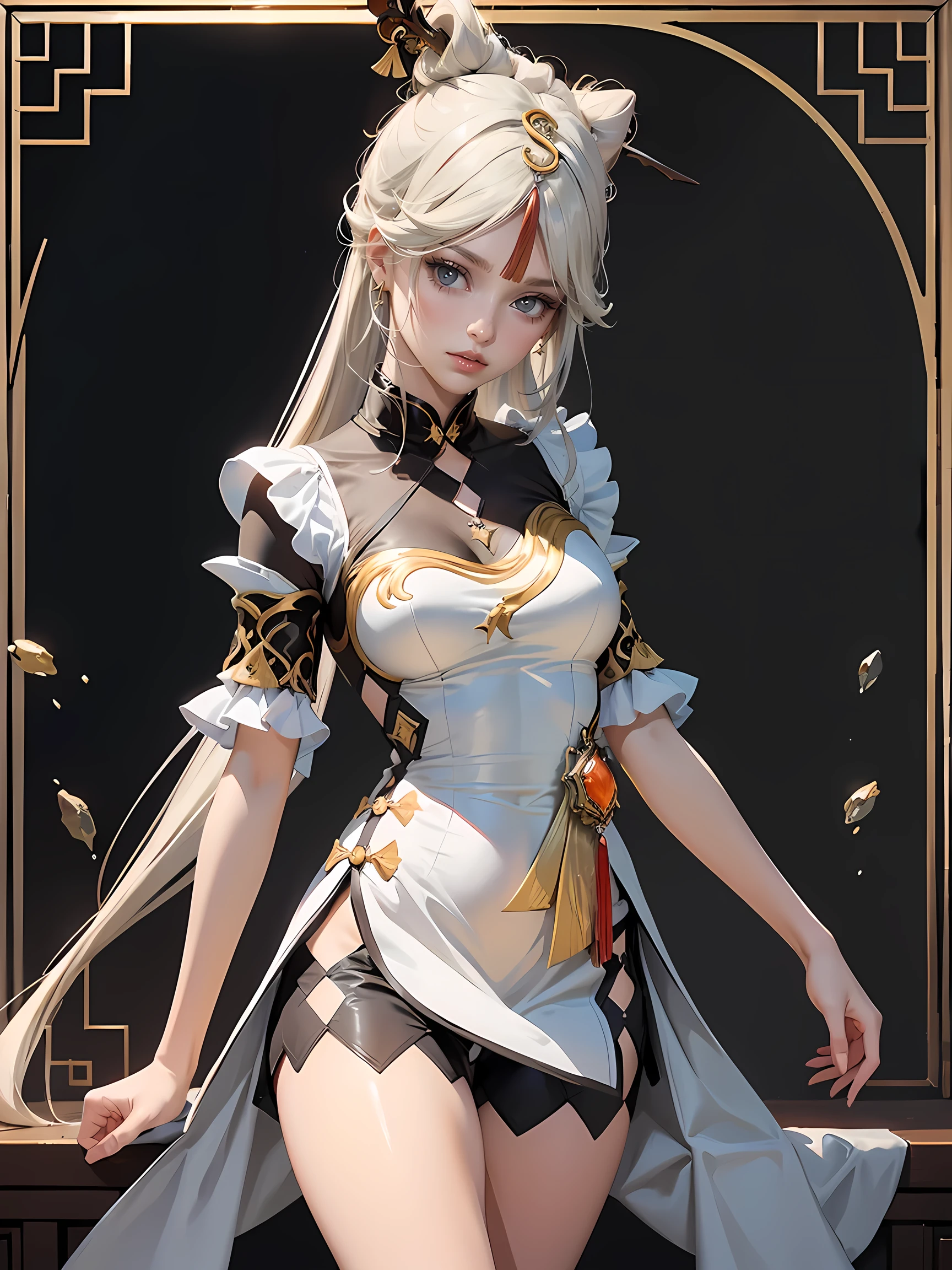 1girl, blonde hair, harness, white dress, puffed sleeves, chinese maid design, solo, buns hairstyle, symmetrical gloves, high socks, puffed socks, harness, chinese maid dress, v neckline, garter on the legs, stand up, white apron, maid dress, chinese maid, chinese aesthetic, thigh gap, tassel, puffed sleeves, harness, very long hair, solid background, chinese maid uniform, white cropped, cowboy shot, too many frills in her dress, magical girl, perfect anatomy, gold jewelry, harness, jewelry, Cute pose, beautiful buns hairstyle, tassel, glow eyes, long hair with buns and bangs, high thigh, frills, harness, chinese maid uniform, chinese maid dress, white apron, garter on the legs, gold jewelry, solid background, standing up, blushing, maid headdress, chinese maid dress with too many frills, Chinese aesthetic, white shorts, puffed dress skirt, harness, centered girls, cowboy shot, glowing hair, magical girl, golden details on her clothes, tassel