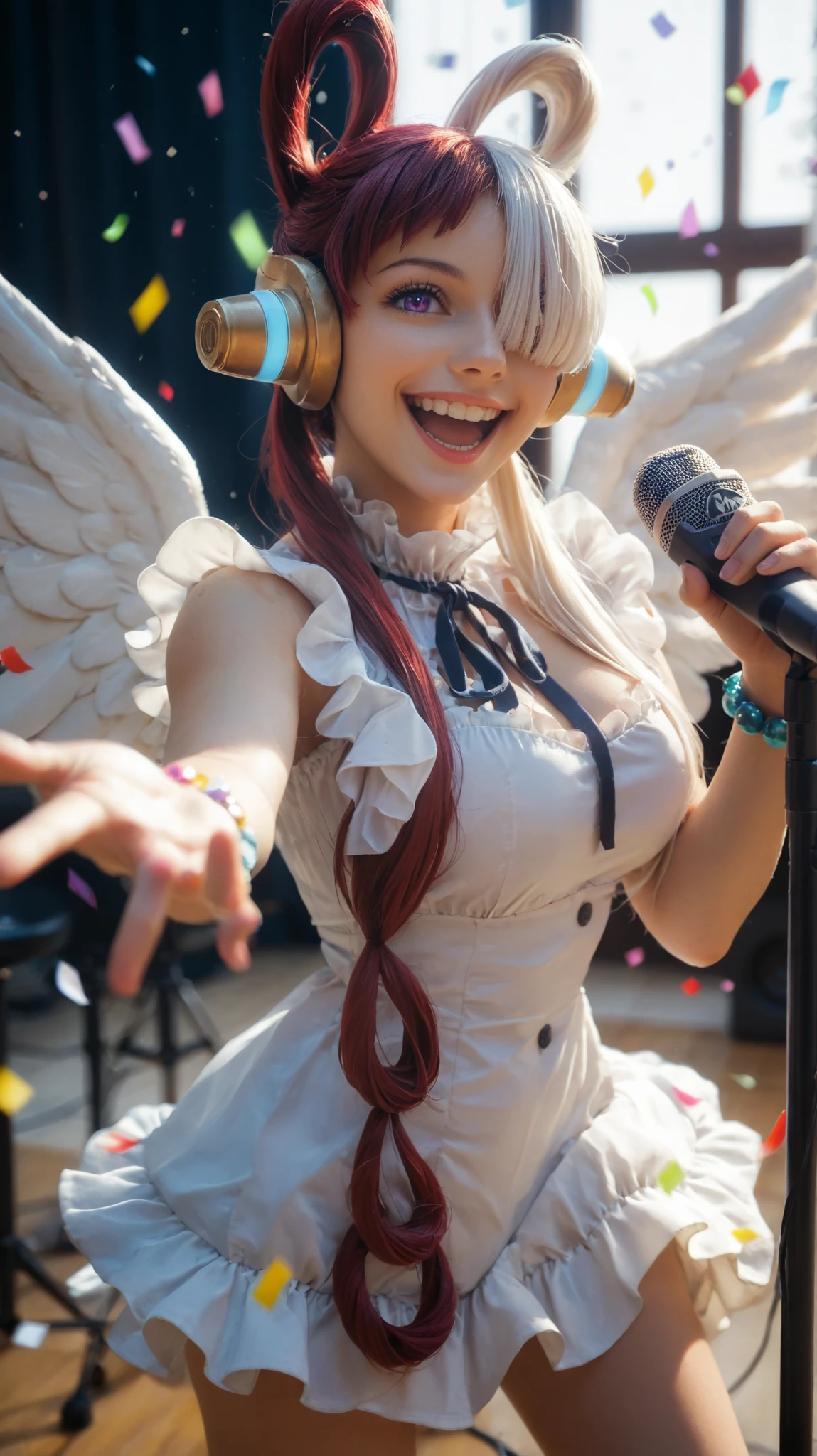 best quality, masterpiece, 1girl, aauta, long hair, split-color hair, hair rings, twintails, headphones, hair over one eye, one eye covered, purple eyes, breasts, neck ribbon, frills, white dress, single sleeve, bracelet, standing, cowboy shot, stage, smile, open mouth, singing, holding microphone, reaching, confetti,, cute, beautiful, (23 years old)
