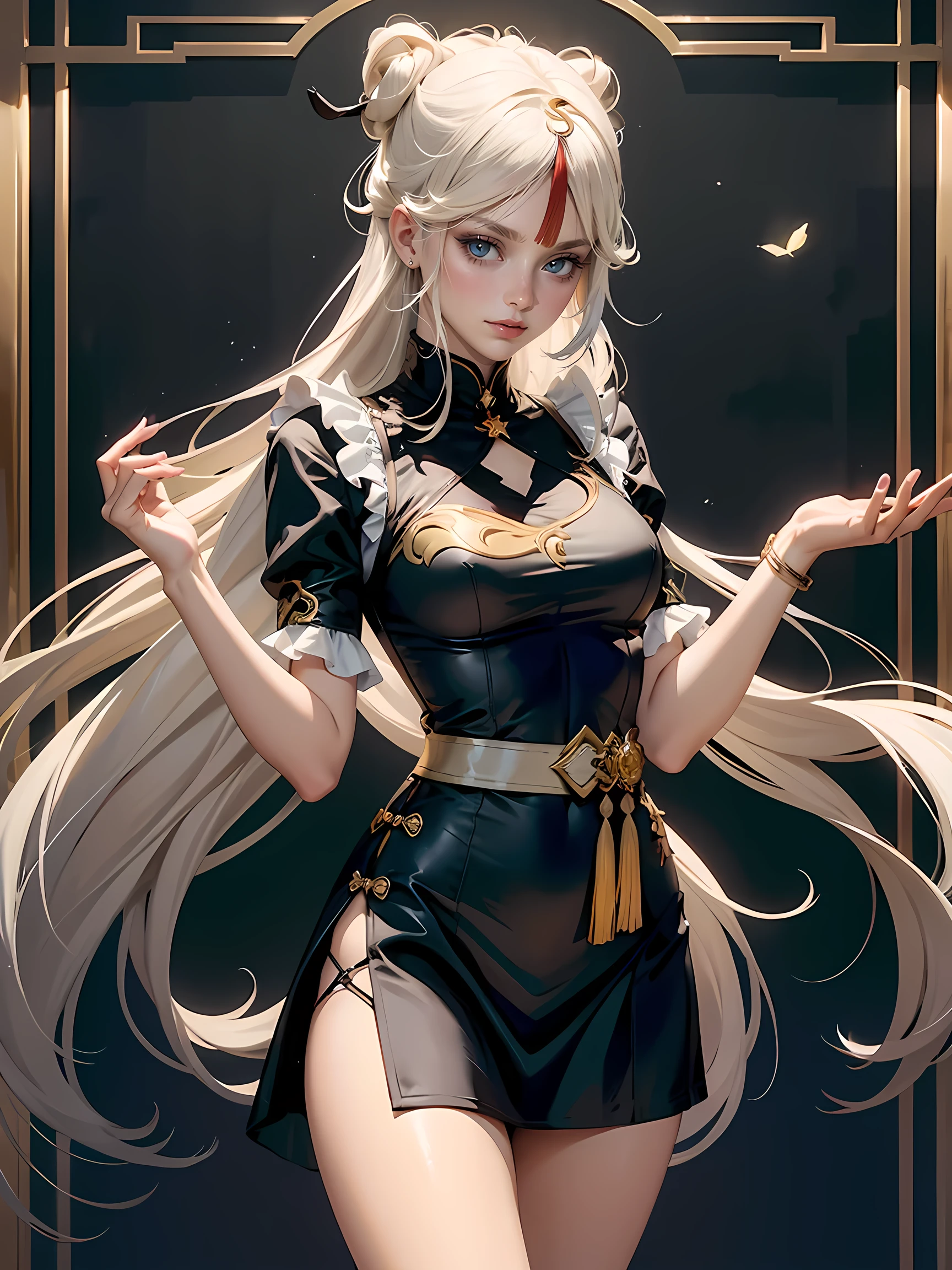 1girl, blonde hair, harness, white dress, puffed sleeves, chinese maid design, solo, buns hairstyle, symmetrical gloves, high socks, puffed socks, harness, chinese maid dress, v neckline, garter on the legs, stand up, white apron, maid dress, chinese maid, chinese aesthetic, thigh gap, tassel, puffed sleeves, harness, very long hair, solid background, chinese maid uniform, white cropped, cowboy shot, too many frills in her dress, magical girl, perfect anatomy, gold jewelry, harness, jewelry, Cute pose, beautiful buns hairstyle, tassel, glow eyes, long hair with buns and bangs, high thigh, frills, harness, chinese maid uniform, chinese maid dress, white apron, garter on the legs, gold jewelry, solid background, standing up, blushing, maid headdress, chinese maid dress with too many frills, Chinese aesthetic, white shorts, puffed dress skirt, harness, centered girls, cowboy shot, glowing hair, magical girl, golden details on her clothes, tassel