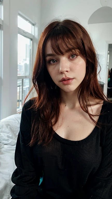 Busty brunette with wavy dark hair crawling toward camera. She has pale skin and red lipstick. She is eager to please. The room is very dark. Dual lighting effect of neon teal and pink. A sultry scene.
