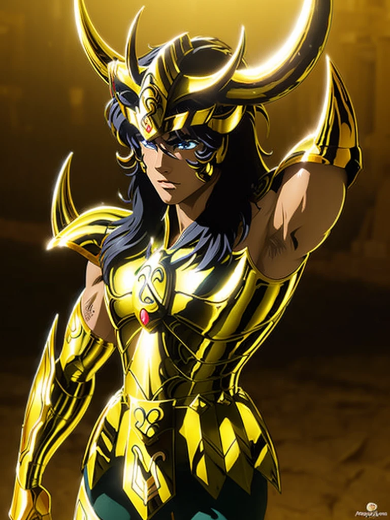 A young European man in glossy armor with white outfit without sleeves, Saint seiya, pheonix ikki, unreal engine saint seiya render, deep thoughts face with eyes closed, black messy hair