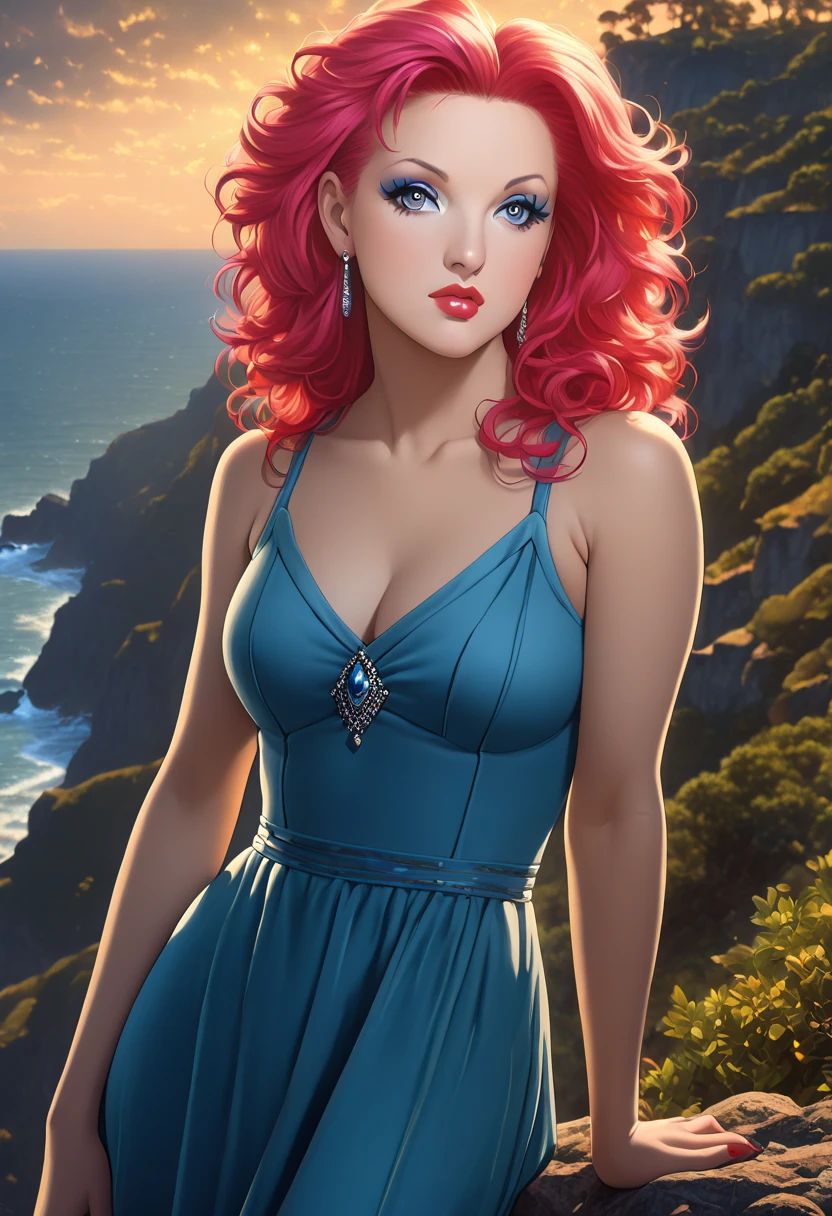 1 girl, (iridescent hair, colorful hair, half blue and half pink hair: 1.2), 17 years old, blue_sky, holding a magic wand, summer (season), petals_on_liquid, black cloak with hood, red and black torn dress, skirt: 1.2, (gold long curly hair: 1.5), sky, outdoor, clouds, bangs, smile, sky blue eyes, bare shoulders, perfect hands, Hand details, repaired fingers. Earrings, sea + background, looking_at_viewer, cowboy shot, top quality, rich detail, perfect image quality, sunrise