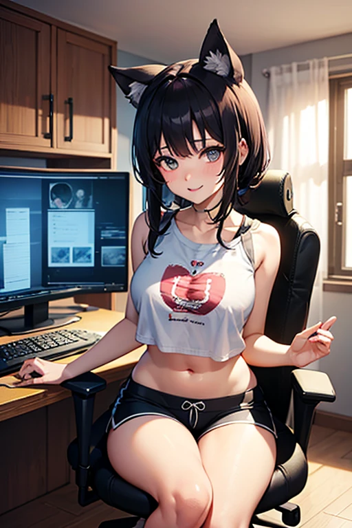 personagem de anime em um ambiente de quarto, a personagem e uma coreana peituda entusiasta de tecnologia. The character is a young woman with black hair and shoulder-length bangs., usando brincos retangulares de chapas metalicas. She is sitting relaxed on a gaming chair, vestindo um crop top cut out branco com um grande decote diagonal, revealing a little from her shoulder to a mole on top of her large breasts. The room is lit by neon lights, com a palavra "RP-SP" brilhando ao fundo. There are several action figures on a shelf behind her., along with game or manga boxes and other collectibles. She holds an American cup with hot coffee in one hand, na outra ela come algumas bolachas pequenas em formato de rosquinua, pegando-as em cima da sua mesa, ao lado de seu computador. The environment is full of details such as posters on the wall, a mechanical keyboard on your desk, and various items related to geek culture. The art style is detailed and vibrant, with an emphasis on colors and lighting.