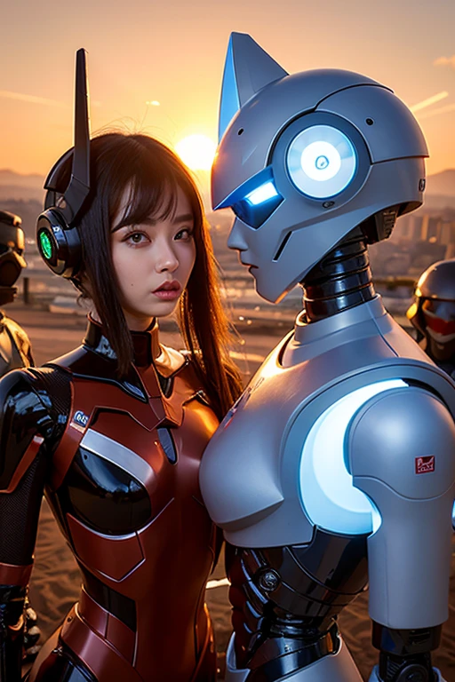((battle with monsters))、highest quality、masterpiece、Super high resolution、(Photoreal:1.4)、RAW photo、1 girl、golden hair、glowing skin、(((1 Mechanical Girl)))、with a beautiful knife、(Blue Metal Bodysuit)、(beautiful forest background)、(battle with monsters)、(Small LED)、((Super realistic details))、vertical giant monster background),global illumination、Shadow、octane rendering、8K、super sharp、big breasts、The bare skin of the cleavage is exposed、Metal、intricate decorative details、Japan details、very intricate details、realistic light、CG Society Trends、red eyes、Eyes shining towards the camera、neon details、(Mechanical edge blood vessels connected to tubes)、mechanical vertebrae attached to the back、cervical vertebrae mechanically attached to the neck、(Wires and cables connecting to the head)、gundam、Small LED、,mechanical thighs、two stock、(Hands are also made of machines)、(Attack of the monsters)、(injured in a deadly fight)、