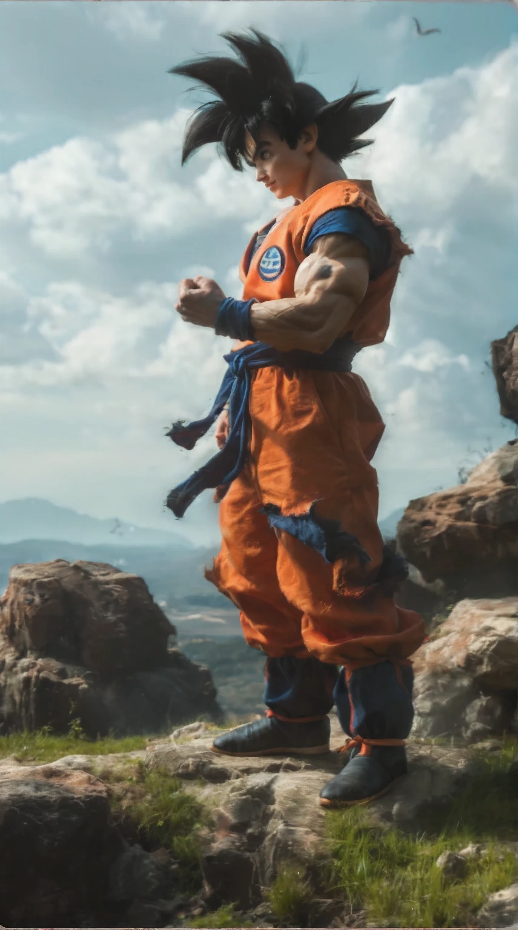 score_9, score_8_up, score_7_up, source_anime, detailed, wallpaper, beautiful details, goku, goku dragon ball, 1boy, asian, man 25s, male focus, black spiky hair, realistic hair, realistic skin, muscular, high texture, focus face, beautiful hill, beautiful sky, hyper realistic, white logo with black kanji symbol