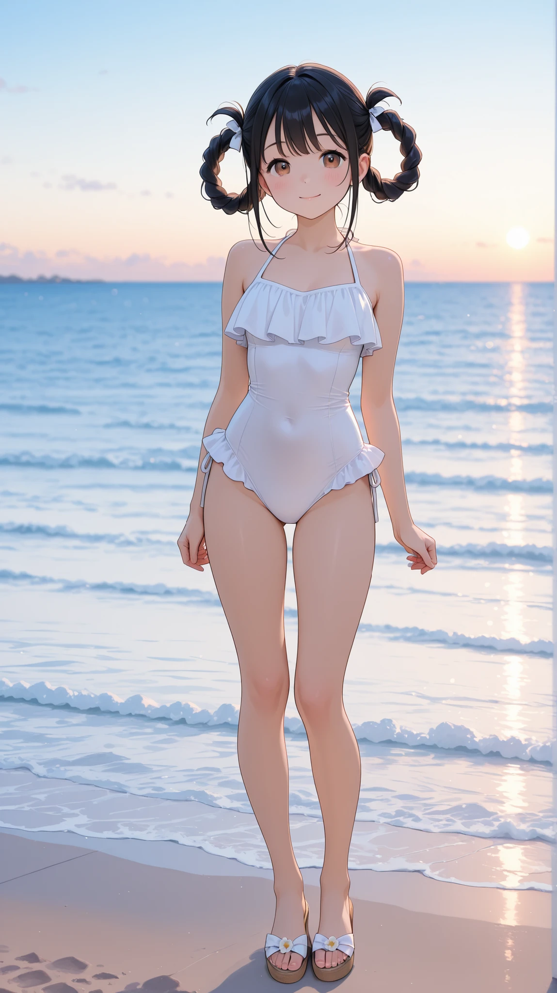 young woman、Ocean、Shy laugh、Exact number of legs、Exact number of arms、refreshing、Light clothing、Beach、flesh colored swimsuit、High leg、See-through、