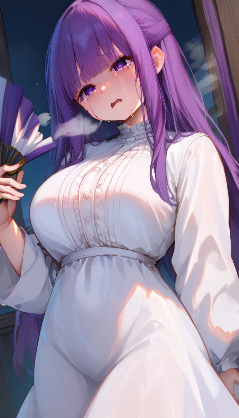 score_9, score_8_up, score_7_up, source_anime, 1girl, fern \(sousou no frieren\), purple hair, long hair, blunt bangs, half updo, open robe, reveal clothes, cleavage, long dress, drunk, three sided view, gothic