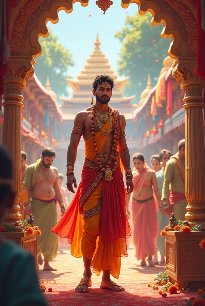 Lord Vishnu's virat roop at Kurukshetra in Mahabharata, epic, majestic, divine, highly detailed digital art masterpiece, intricate details, dynamic lighting, mythical, dramatic composition, religious symbolism, vibrant colors, sacred atmosphere, fantasy realism, CGI render, 4k resolution