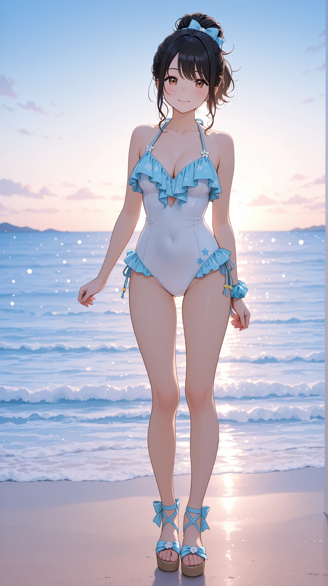 (Masterpiece), (Best Quality), (Ultra-detailed), (Full Body: 1.2) Girl, Light and Detailed, Clear Smile, Full Body, Short Hair, Beach, (((Bikini))), barefoot.