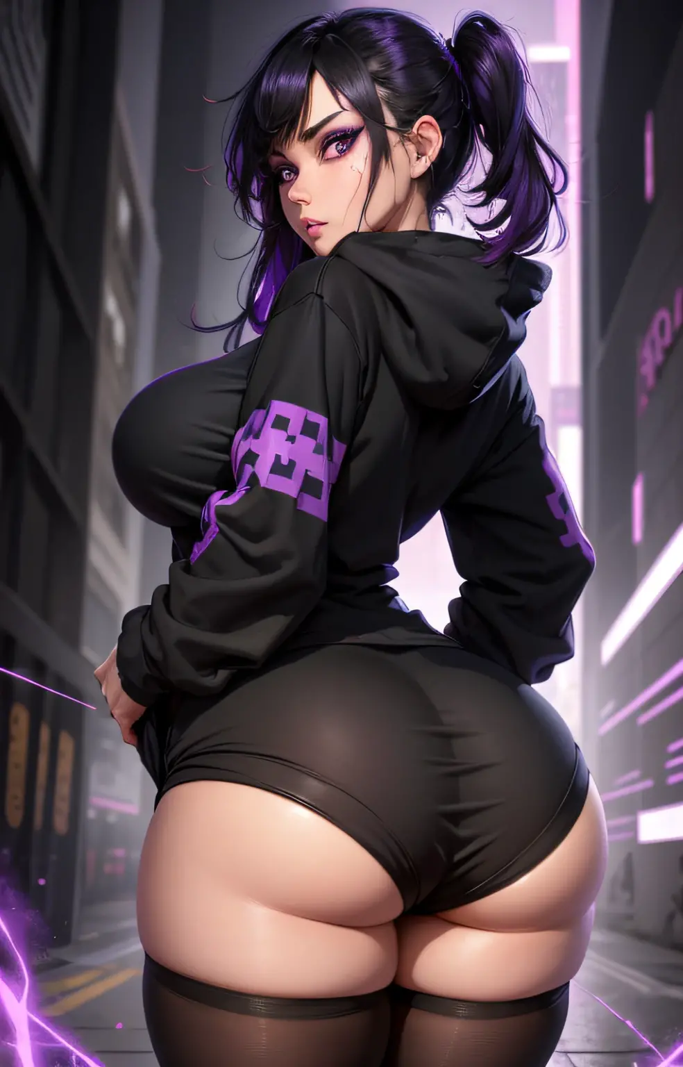sexy woman big breasts thick thighs wearing black and white leggings a red bra a cropped purple hair p