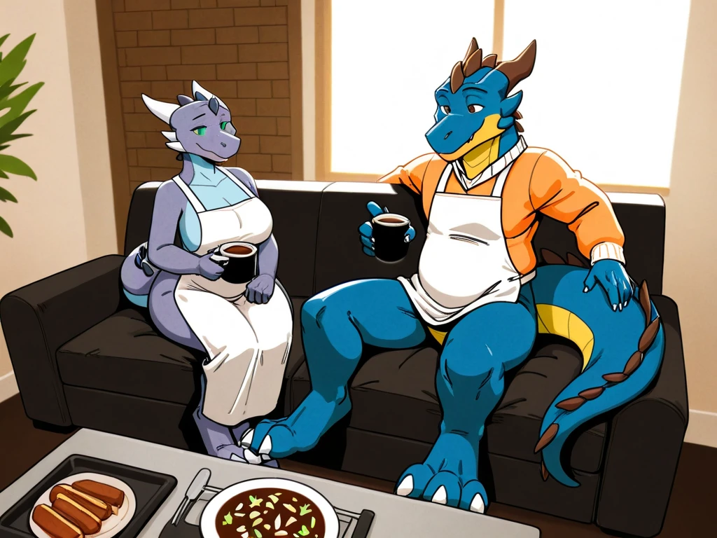 Shark, young female/male, sister and brother, naked, breakfast, drinking coffee, sitting, table,female wearing pajamas showing tits and pussy, male naked showing bif flaccid penis, big foreskin, duo, casual nudity, paws, anthro, close view, by bebebebebe