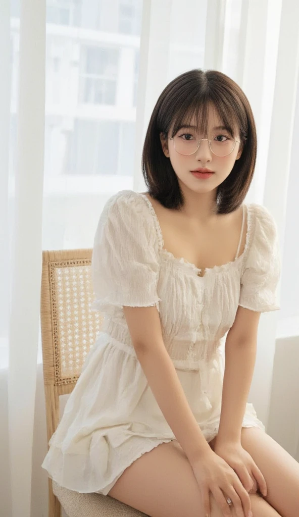 raw photo, 8k, (top-quality), Realistic, (real picture, Intricate details), (natural skin texture, detailed skin, hyper realism, sharpness), (pale skin:1.4, flat chest), (((wearing white camisole dress over naked, see-through dress:1.4, lace, short dress, thin fabric dress, thighs))), Japanese teenage girl in mountain hut in the rain, ((short hair, bangs)), (glasses baby face, embarrassed look, shy smile, blushing), fireplace, fireplace fire