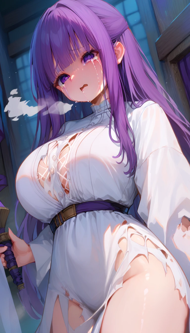 NSFW,masterpiece,Highest quality,High resolution,Super detailed,Fern\(Funeral of Frieren\),Purple eyes,Purple Hair,Long Hair,Big Breasts,White Dress,Robe,Embarrassed,blush,Adventurer's Guild,counter