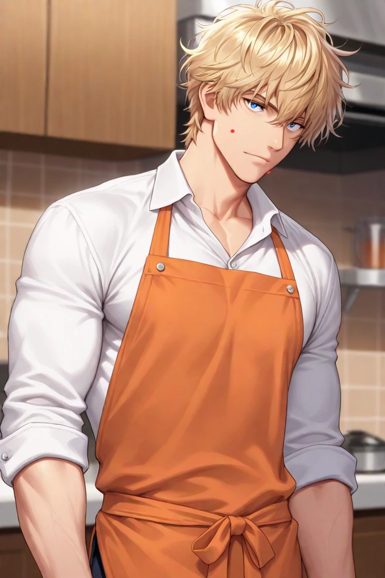 1 male, baby face,20generation,blonde, kind, Pastry chef look,upper body shot, smile gently, omega,Background kitchen