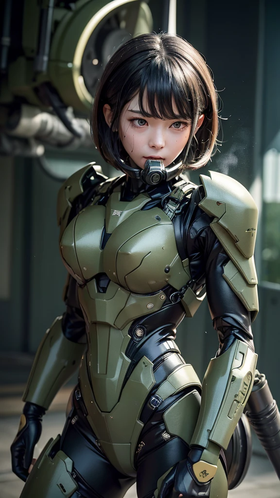 Textured skin, Super Detail, Attention to detail, high quality, 最high quality, High resolution, 1080P, hard disk, beautiful,(War Machine),beautifulサイボーグ女性,Dark Green Mecha Cyborg Girl,battle,Girl with a mechanical body,、Junior high school girl Very Short Hair、Sweaty brown eyes、Sweaty face、Embarrassed expression blush cute Black-haired ((Steam coming out of the head)) Glasses Rear view Low - Angle Spread your legs I can see the vagina (Shyness) Cramp