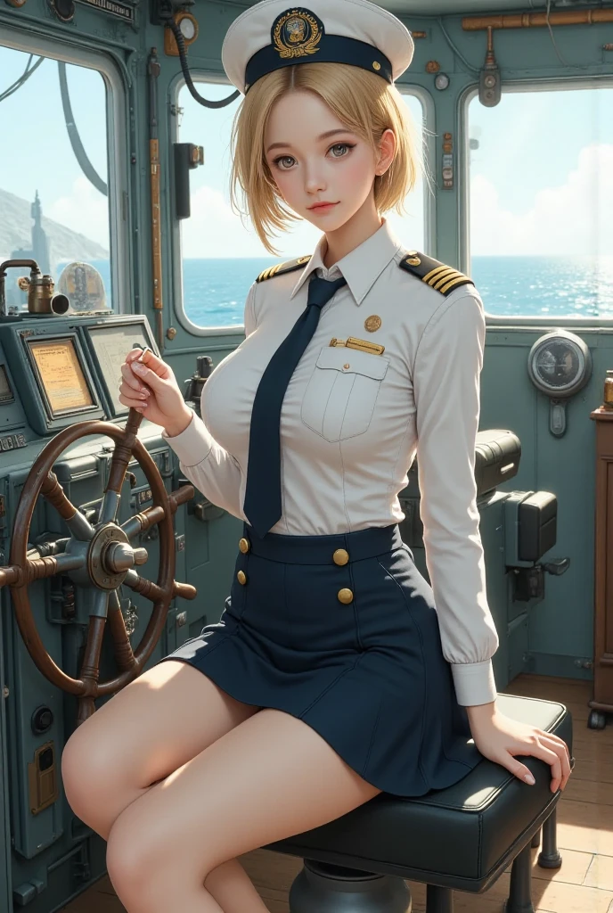 (masterpiece:1.2, best quality), 1girl, young teen, slim, white military outfit, white pleated skirt, (skimpy mini skirt:1.3), skirtlift, upskirt, (no panties), military hat, space cadet, smile, blush, sitting by navy ship, futuristic, anime minimalist, watercolor