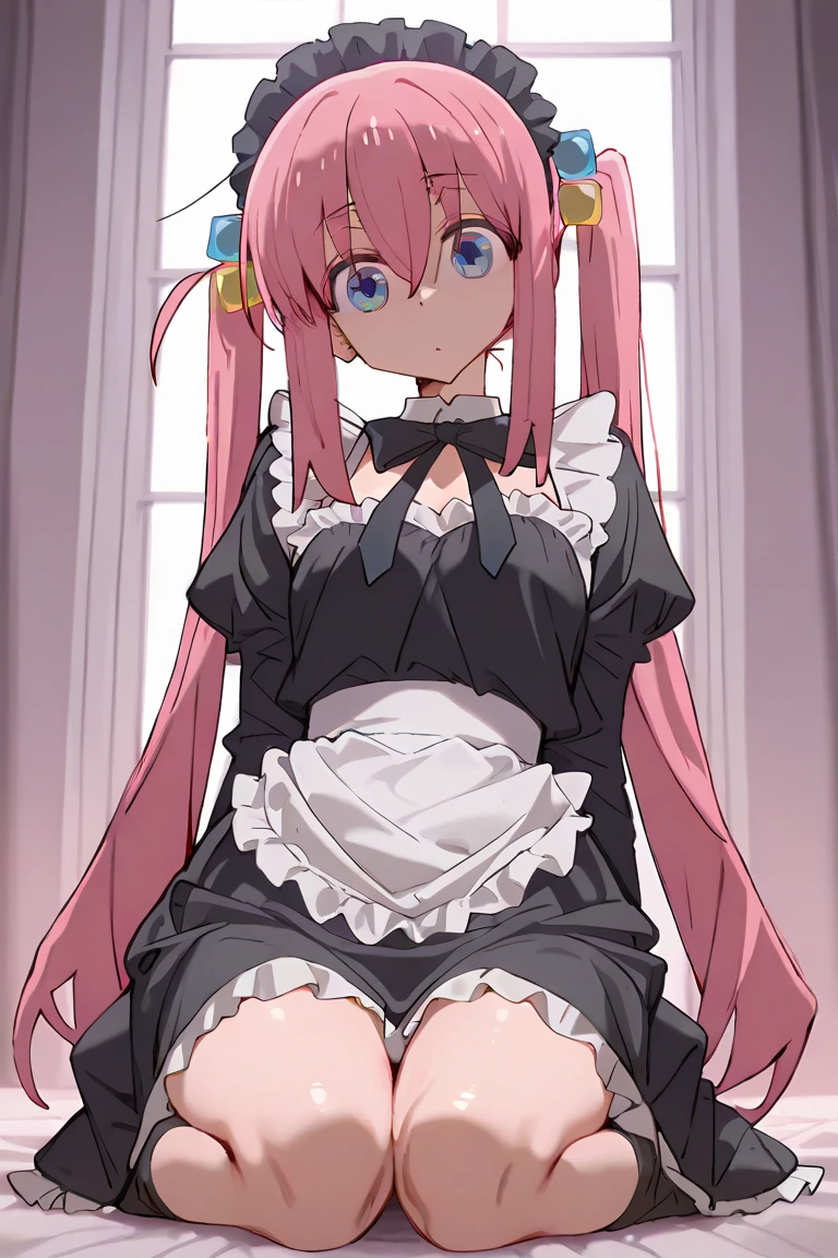 1 girl, , bow, cube hair ornaments, Completely naked, frills, dark (Performance), hair ornaments, long hair, look away, maid, maid headドレス, mary janes, one side up, pink hair, face with shadow, shoes, short , alone, drops of sweat, Thighhighs, white Thighhighs, zettai ryouiki, nipple,Pussy,spread legs