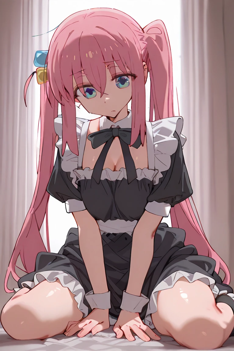 nsfw:1.2,Masterpiece:1.5,Detailed and beautiful depiction 1.5,Official Art,Beautiful adult woman ,Megurine Luka,Pink long hair,blue eyes,Large Breasts,Erotic smile temptation,Maid clothes,Embarrassed, she lifts her skirt to reveal her black shorts,bedroom