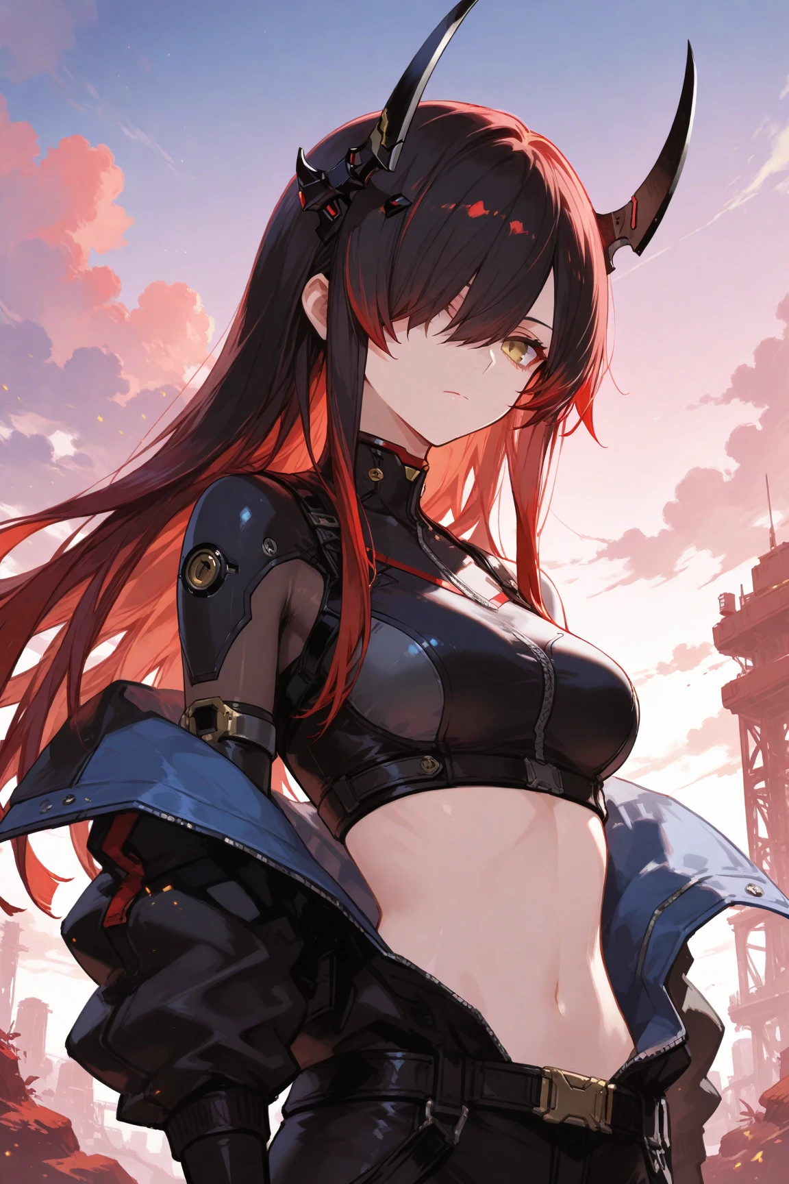 masterpiece, 1catgirl, cat ears, White long hair, Red eyes, intricate Black armour, she is a dragon slayer with a giant dead dragon behind her. She won the fight. Damaged black and Red shirt over the armour. Portrait. 