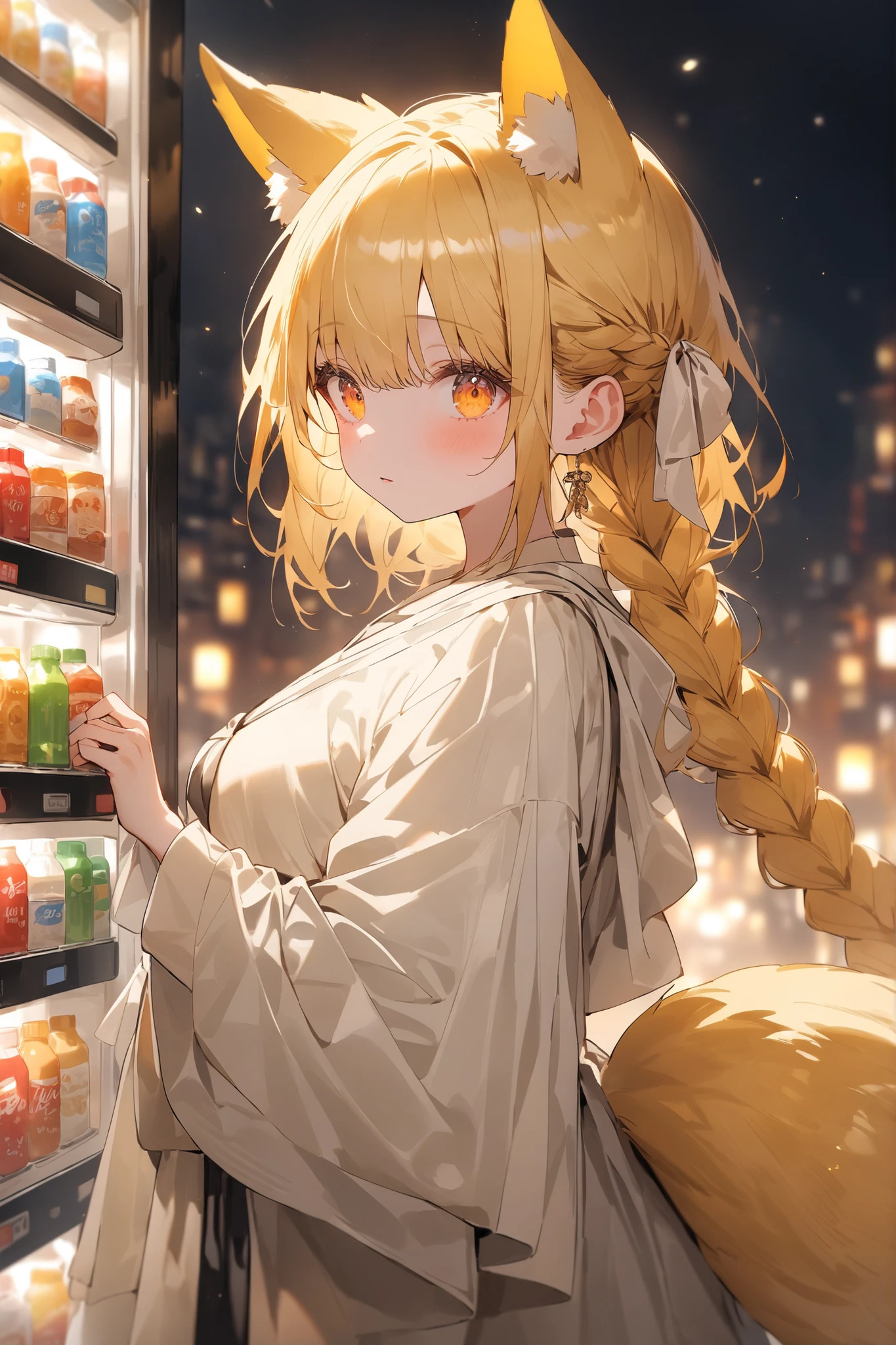 Image of, 1curvy anime girl. curvy, large breasts and thighs. Slim waist, lean toned body. caramel BROWN messy hair, long cute fringes, fringes covering eyes slightly. Bright yellow eyes. Fully coverage clothes. wearing large BAGGY white sweater. Thick fluffy swear, cut shoulder. Baggy beige cargo trousers.