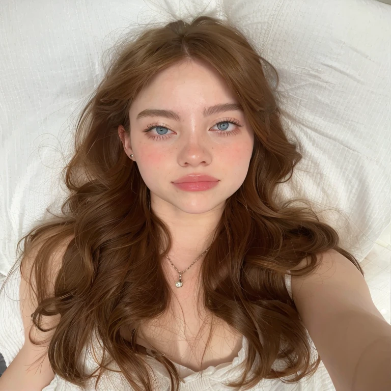 young girl of 25 years with long red hair with waves,con curvas notables, pecho grande, ojos marrones oscuros y labios gruesos y sacando la lengua como haciendo burla, I want her to be lying face up on a bed and the camera is from above,su vestuario tiene que ser una camisa rosa suave, superrealista y alta calidad
