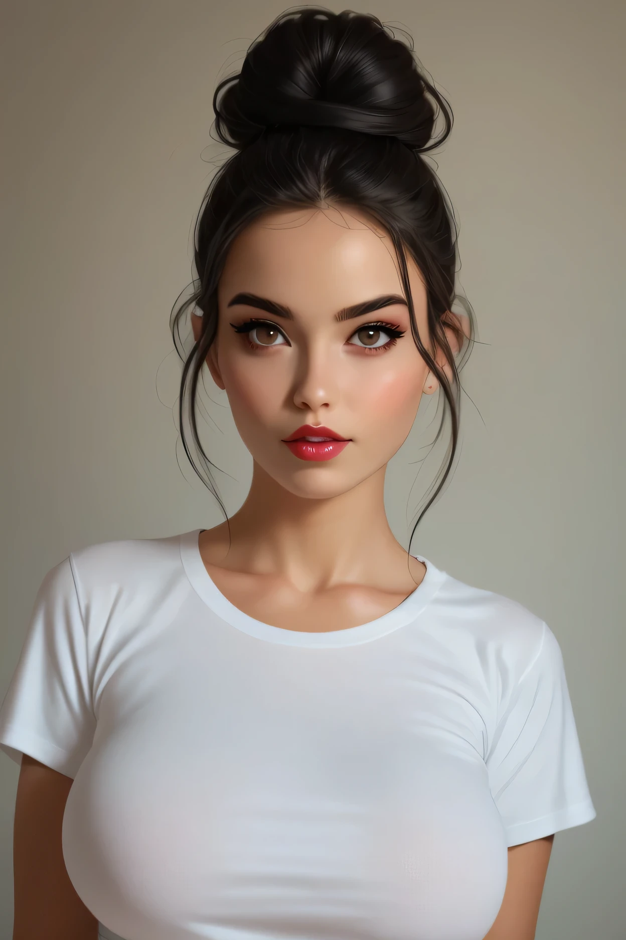 realistic, black bun hair kont top, black eyebrows, thin eyebrows, brown eyes, red thick lips, perfect face, (large breasts:1.3), white t-shirt