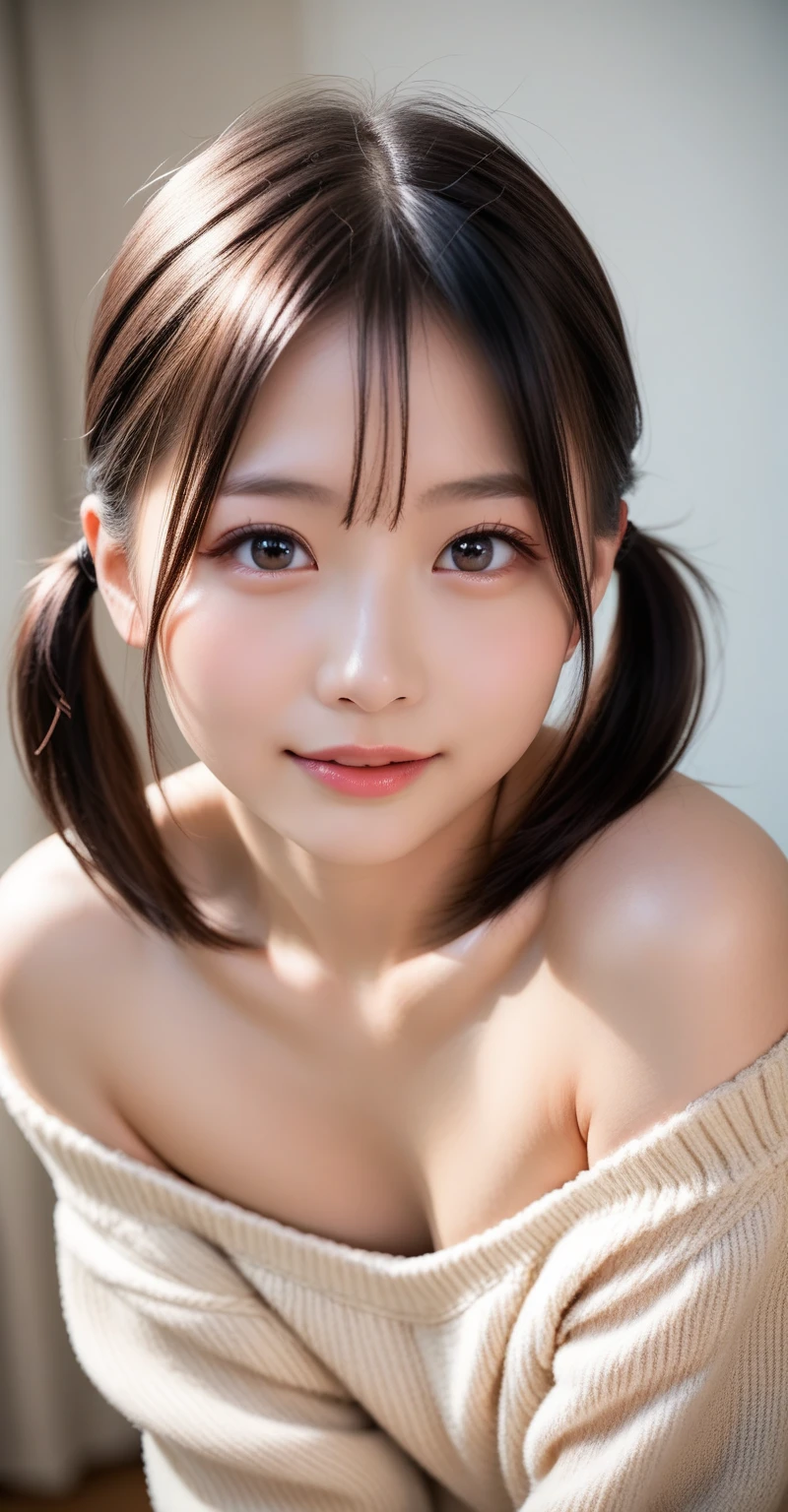 highest quality, realistic, 8K, High resolution, 1 girl, woman, (skin dents), (portrait:0.6), nice, ((white background, naked, small breasts:1.65)), (brown hair, twin tails), looking at the viewer, (1 girl eyes looking at the viewer:1.6), realistic, (Bokeh), (closed mouth, smile:1.3), nice, face to face with the children_V1:1,