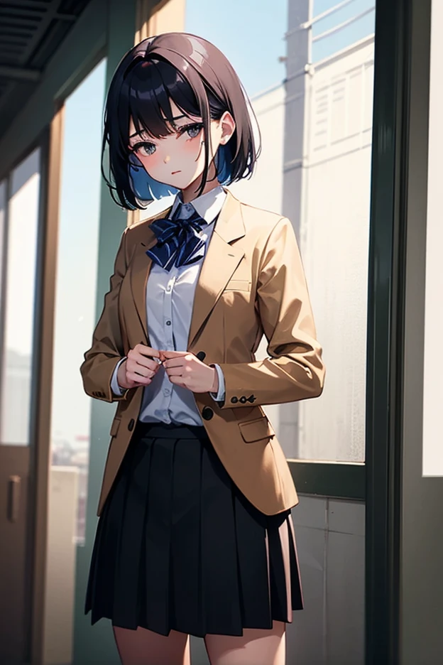 vertebrae、Three white eyes、one woman、blazer、knee-length skirt、bob hair、high school girl、 small 、Depict from head to waist、mozzling、is shy