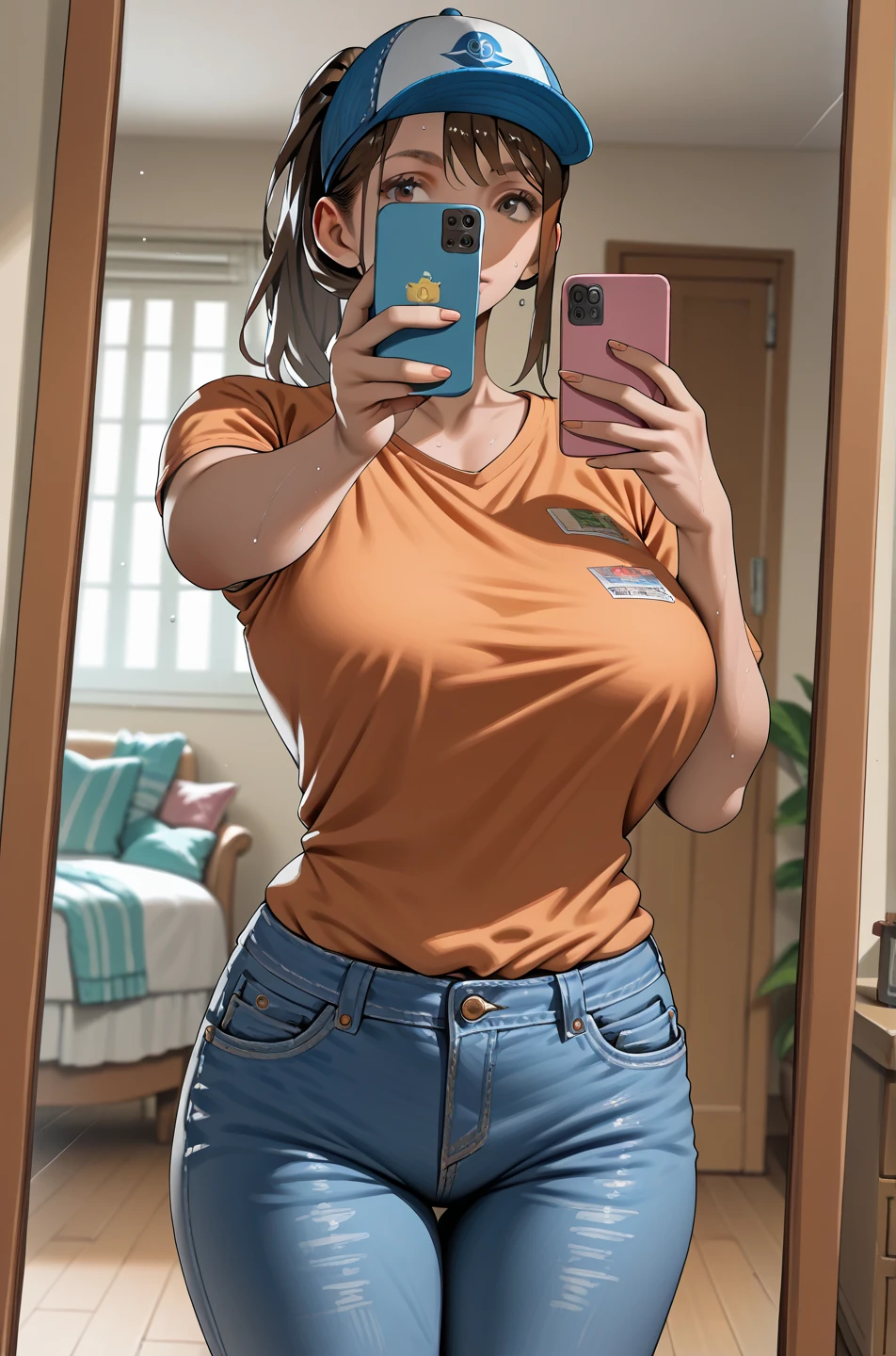 femme de 20 ans, Cheveux noirs très longs, frange, asiatique aux yeux marron, Des seins généreux et lourds , chubby, lèvres pulpeuses, naturellement courbé, cuisses musclées , fitting room, yellow long Skirt and green teeshirt ,selfie, side view, sourire 