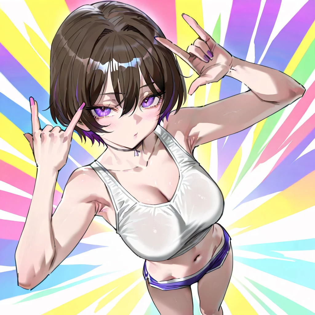 (Perfect body),Best Quality,16 K、NSFW、(((((Lori)))))、((((Short stature))))、blush、(V-shaped eyebrows)、:D、embarrassed from、((((Short hair))))、Ahoge、(Black),((Black hair))、Yellow goggles on the head、yellow lean hair clip、(((Purple Stripe Bikini)))、(White knee socks)、(Pink gloves)、Yellow jacket、((bulging chest))、(((thick thighs)))、spreading legs、Armpits、Electronic space、
