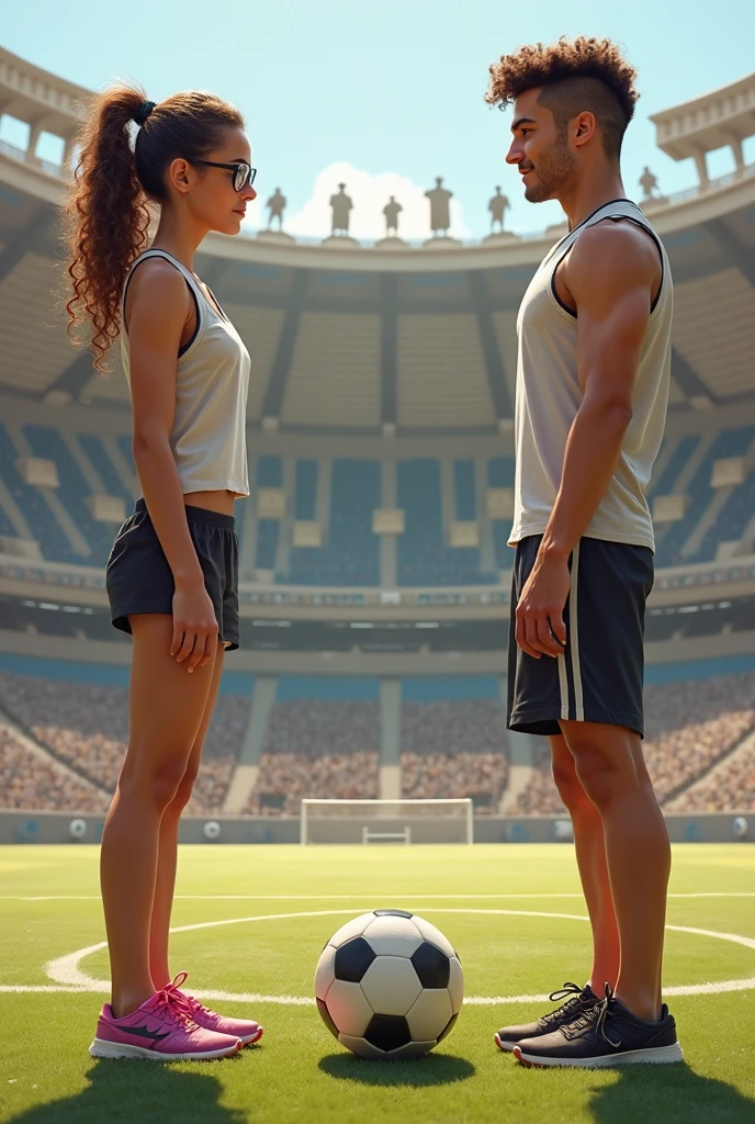 Claudia, a brown-haired woman with her hair up, and Ricardo, a black-haired man, are holding hands, with an expression of respect and mutual understanding. Sofia black-haired woman smiles in the background, showing satisfaction for the fair resolution. The scene is calmer, with the stadium background clear. The light is soft to convey a sense of positive resolution and learning.. Put realistic characters all this is set in the most realistic Olympics
