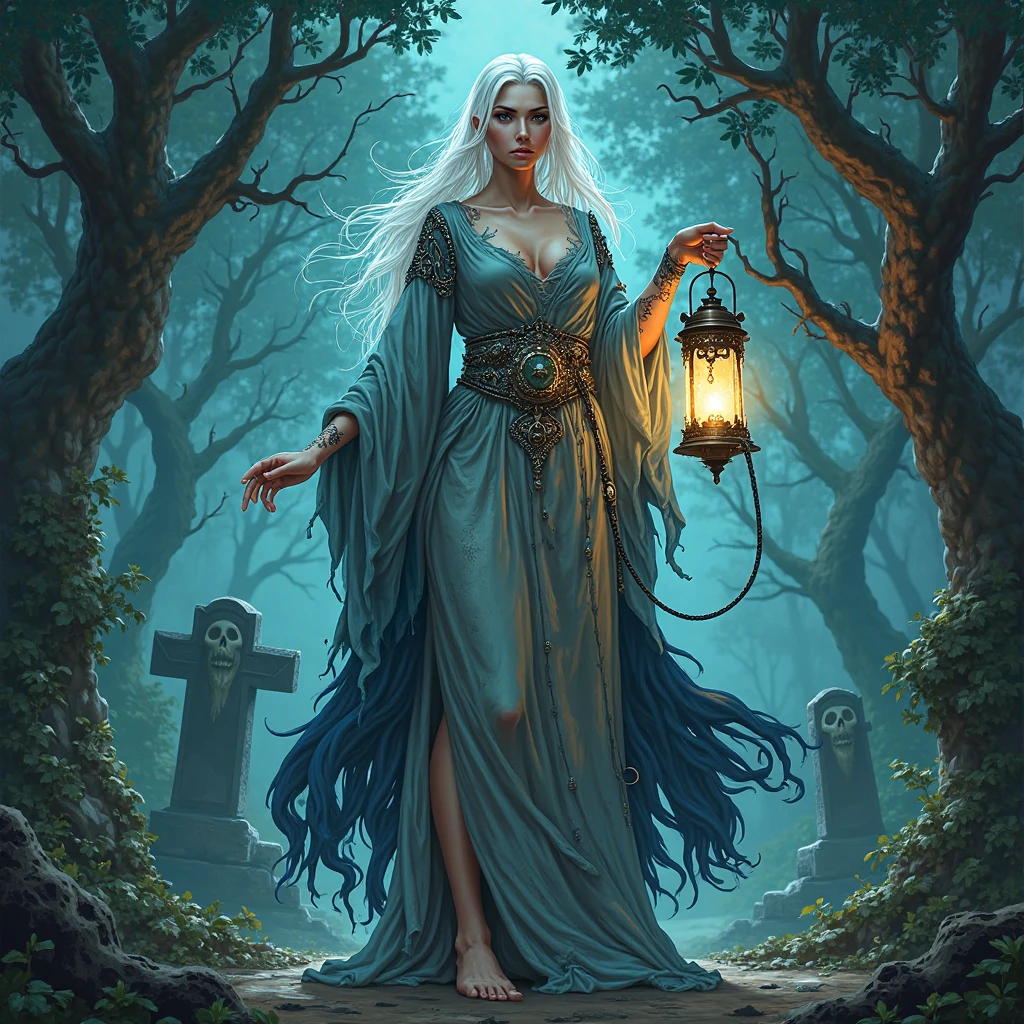 In the desolate reaches of the Shadowed Moors, where mist drifts like wraiths across barren heaths and ancient stones bear witness to forgotten rites, dwells an enigmatic figure—a white-haired old witch known only as Morwen the Dread. Bent with age and shrouded in a tattered black cloak that billows ominously in the chill wind, Morwen's piercing gaze holds the weight of centuries of arcane knowledge and unspoken horrors.
Within her dilapidated cottage, nestled amidst gnarled trees and surrounded by a thicket of thorns that ward off intruders, Morwen tends to her dark arts. Tonight, beneath the pallid light of a waning moon that casts skeletal shadows upon the barren landscape, she stands before a flickering hearth in her dimly lit chamber.
Her face, lined with age and etched with runes that pulse with an eerie light, contorts into a visage of twisted wisdom and malevolent intent as she brews a potion of unspeakable potency. The air is thick with the acrid scent of rare herbs and crushed bones, mingling with the faint whisper of incantations that echo through the cottage like a sinister hymn.
With gnarled fingers that tremble with the weight of forbidden knowledge, Morwen adds a handful of moonlit mushrooms plucked from the graves of fallen warriors and a drop of blood from a creature that slumbers beneath the Veil of Shadows. As the cauldron emits a sickly glow that bathes the room in a ghastly pallor, the potion swirls with hues of midnight and whispers of ancient curses.
Outside the cottage, the moors stir with the restless spirits of the damned and the spectral guardians that patrol Morwen's domain. Shadows dance upon the walls as she stirs the potion counterclockwise, binding the essence of darkness and death into its bubbling depths with each twisted incantation.
In a realm where fear and fascination converge and magic flows through every shadow and stone, Morwen's craft becomes a testament to the relentless pursuit of power, the lure of forbidden knowledg