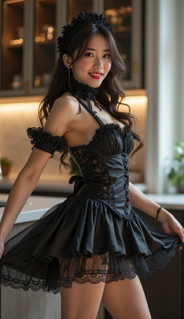 (((Tabletop, Highest quality))), 1 female, (((Very thin body))) , (((length, Thin legs))), (((short black bob, Thick and fluffy bangs ))), (((Highly detailed face))), cosmetically, Small, thin nose, small thin mouth, (((Very sharp focused eyes))), Large slit-shaped, precise pale grey eyes, Shining like a jewel, length eyelashes, ((Highly decorative and complex mechanical steampunk fashion, Lace flare skirt, Above-the-knee lace stockings, Lace Off Shoulder ta Fashion, Overly decorative fashion)), Abandoned Night, Exquisitely mechanized steampunk factory catches fire and explodes, (((Overall accuracy has been significantly improved, Create highly detailed and realistic images))), Ultra-realistic photos.