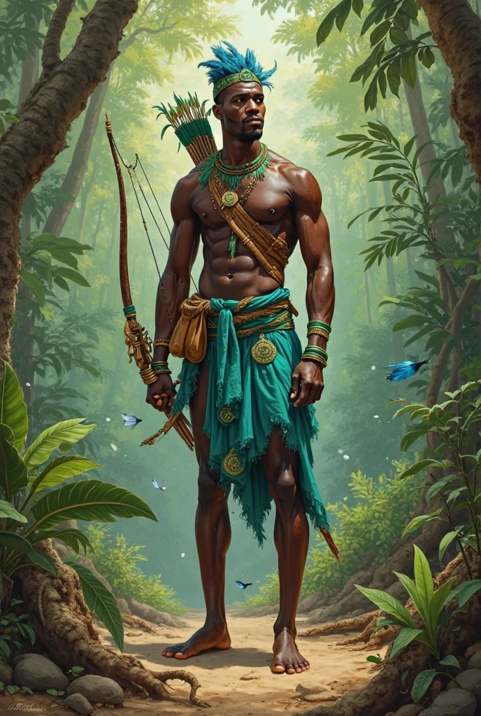 ## Paths of Odé: A Visual Journey with Oxóssi To create an image that represents the "Paths of Odé" focusing on Oxóssi, we can use a combination of elements that evoke strength, the wisdom and connection with nature of the Orixá, incorporating Afro-Brazilian symbols and influences from African calligraphy.

**Elementos visuais:**

* **Oxóssi:** Depicted as an imposing hunter, with bow and arrow, but also with traces of serenity and wisdom. 
* **Sheets:** Sheets de árvores como a gameleira, brazilwood, and the genipap, symbolizing the connection with nature and life force.
* **animals:**  The presence of animals such as deer, the monkey and the bird, representing Brazilian fauna and the connection with the animal kingdom.
* **Elements of nature:**  The image may include elements such as the sun, the moon, As estrelas, rivers, Water Falls, mountainscape, symbolizing the strength of nature and the connection with the cosmos.
* **African Calligraphy:**  African calligraphy can be used to create patterns and textures that represent Afro-Brazilian ancestry and culture..
* **colors:** Earthy tones, greens, blues and golds evoke nature, the strength and spirituality.

**Composition:**

* The image can be composed of a timeline, representing the "Paths of Odé", with each stage marked by a symbol or icon related to Oxóssi.
* The image can be organized into layers, with Oxóssi in the center, surrounded by the elements of nature and Afro-Brazilian symbols.
* African calligraphy can be used to create a frame or background for the image., adding a touch of ancestry and culture.

**values:**

* **Strength and Wisdom:** The image must convey the strength and wisdom of Oxóssi, as a guide and protector.
* **Connection with nature:** The image should highlight Oxóssi&#39;s deep connection with nature, showing its harmony with the natural world.
* **Ancestry and Culture:** The image must incorporate elements of Afro-Brazilian culture, 