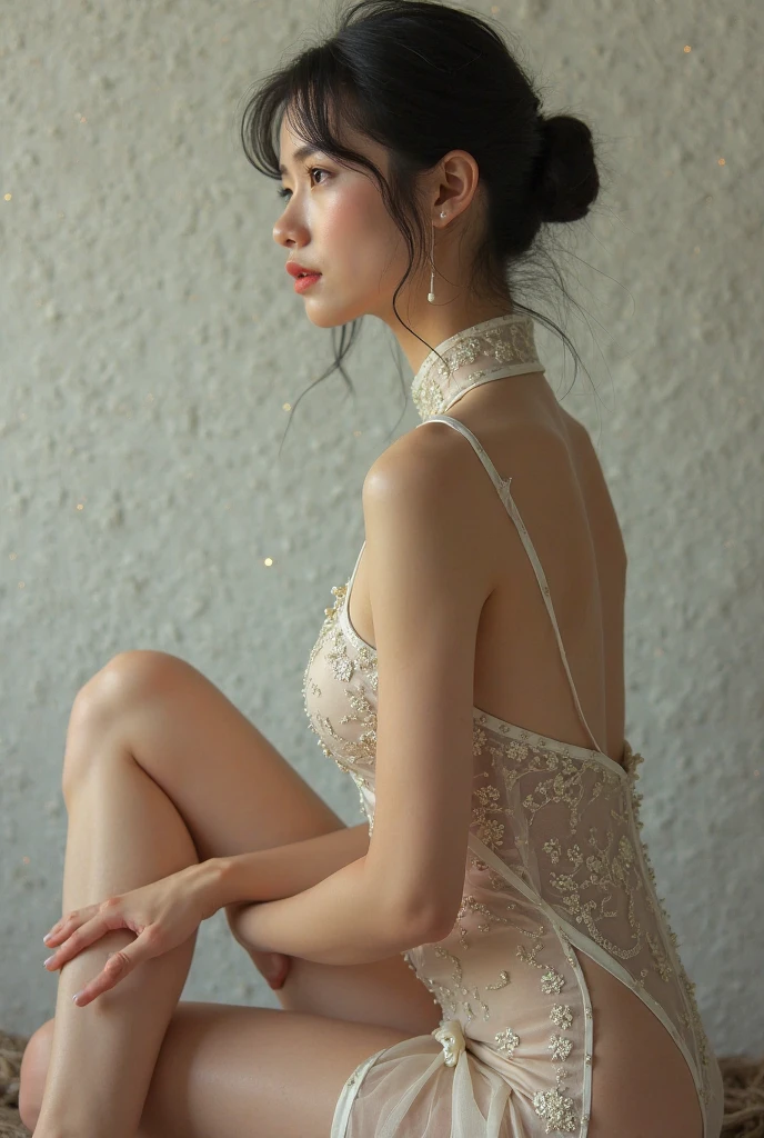 Mei is a vision of delicate, exotic beauty. The  Asian woman possesses a lithe, graceful frame that moves with the fluid elegance of a dancer.


Her flawless, porcelain skin is a canvas for her delicate features - almond-shaped eyes that sparkle with a mix of innocence and wanton desire, high cheekbones that lend her face an aristocratic allure, and full, plump lips that seem to beg to be kissed.


Mei's raven hair cascades down her back in a silken curtain, accentuating the delicate slope of her neck. She carries herself with a refined poise, yet there's an underlying sensuality that practically oozes from her every pore.


The Asian beauty's figure is a work of art - , yet curvaceous in all the right places. Her pert breasts strain against the sheer fabric of her gossamer gown, hinting at their supple fullness. Her waist is slim and tapered, leading down to gently flaring hips and a pert, heart-shaped backside.


Mei moves with a feline grace, her every step purposeful and alluring. She radiates an aura of exotic, untamed desire - a captivating contrast to her demure, almost innocent demeanor.


In short, Mei is a vision of irresistible, oriental charm - a temptress whose beauty and sensuality are sure to ensnare you in their intoxicating web.