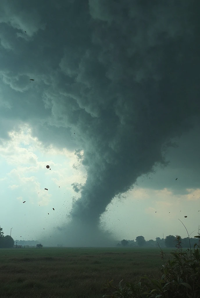 Dark, menacing clouds with a tornado funnel reaching down towards the ground.