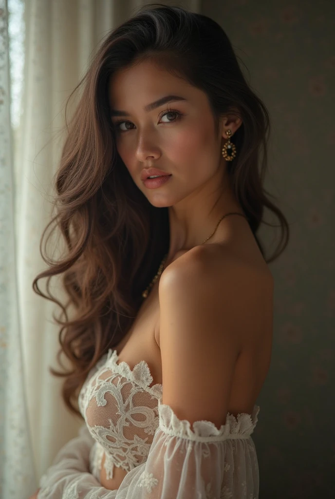 Bella Sanchez, Belle jeune fille, Super nice facial detail, smile, ^medium brests, open breasts tight slim body, (visage fin:1.2), accessoires, earrings, High quality, Realistic, Very detailed, High definition, RAW color photo, ((Realistic full-body photo)), natural light, Beautiful Detailed, super detail, High Details, pony tail, red lipstick
